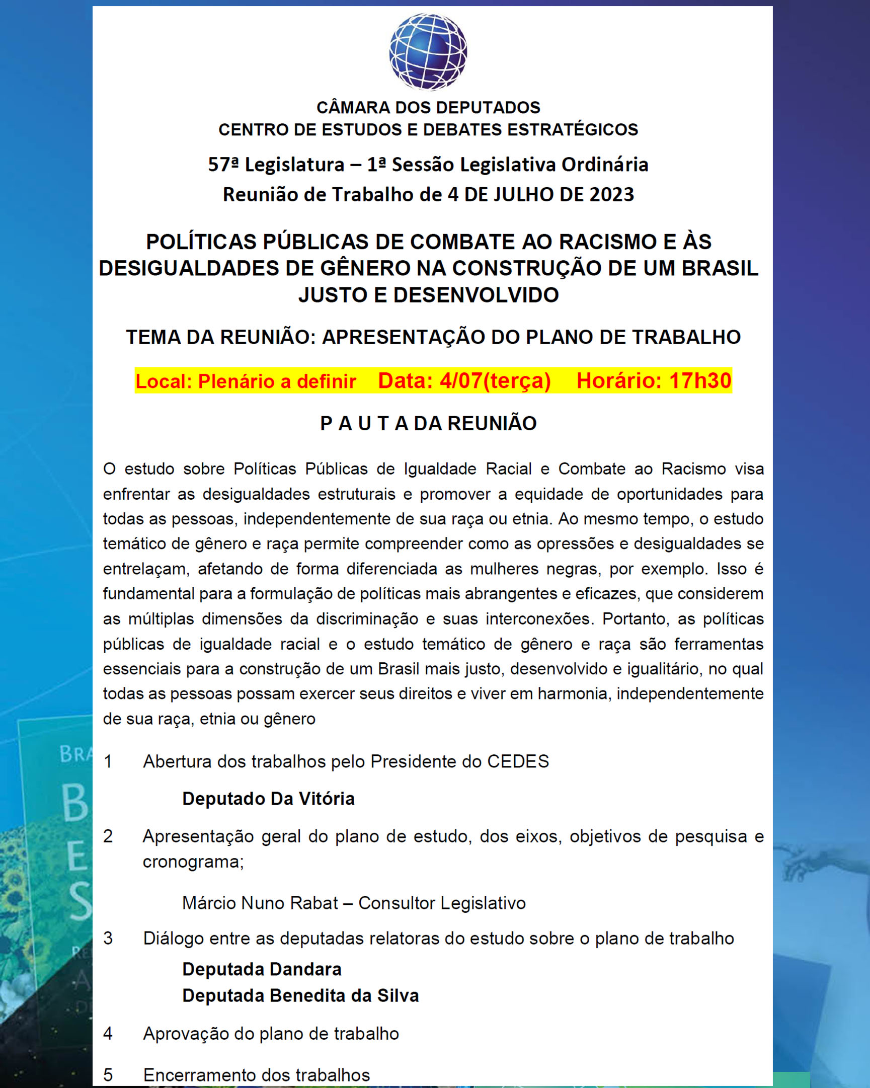 4 JULHO - PLANO TRABALHO POLÍTICA DE IGUALDADE RACIAL E COMBATE AO RACISMO