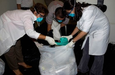 Funcionários recolhendo resíduos perigosos no antigo local