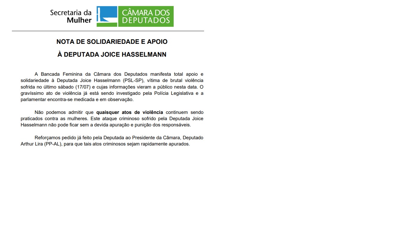 Nota de apoio à Deputada Joice Hasselmann