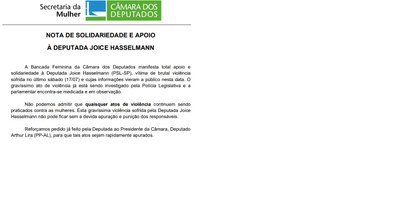 Nota de apoio à Deputada Joice Hasselmann