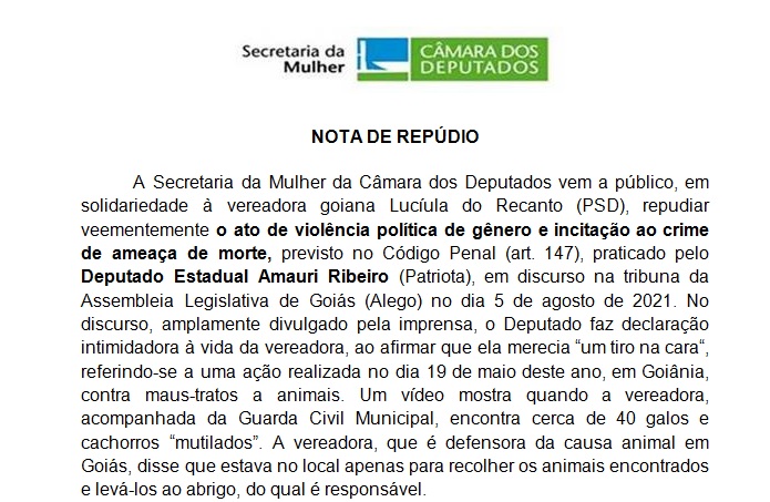 Nota de repúdio contra deputado goiano