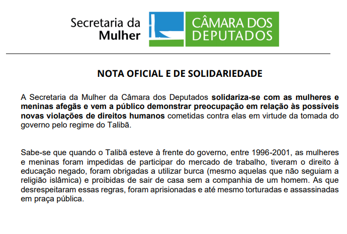 Nota oficial em solidariedade às mulheres afegãs