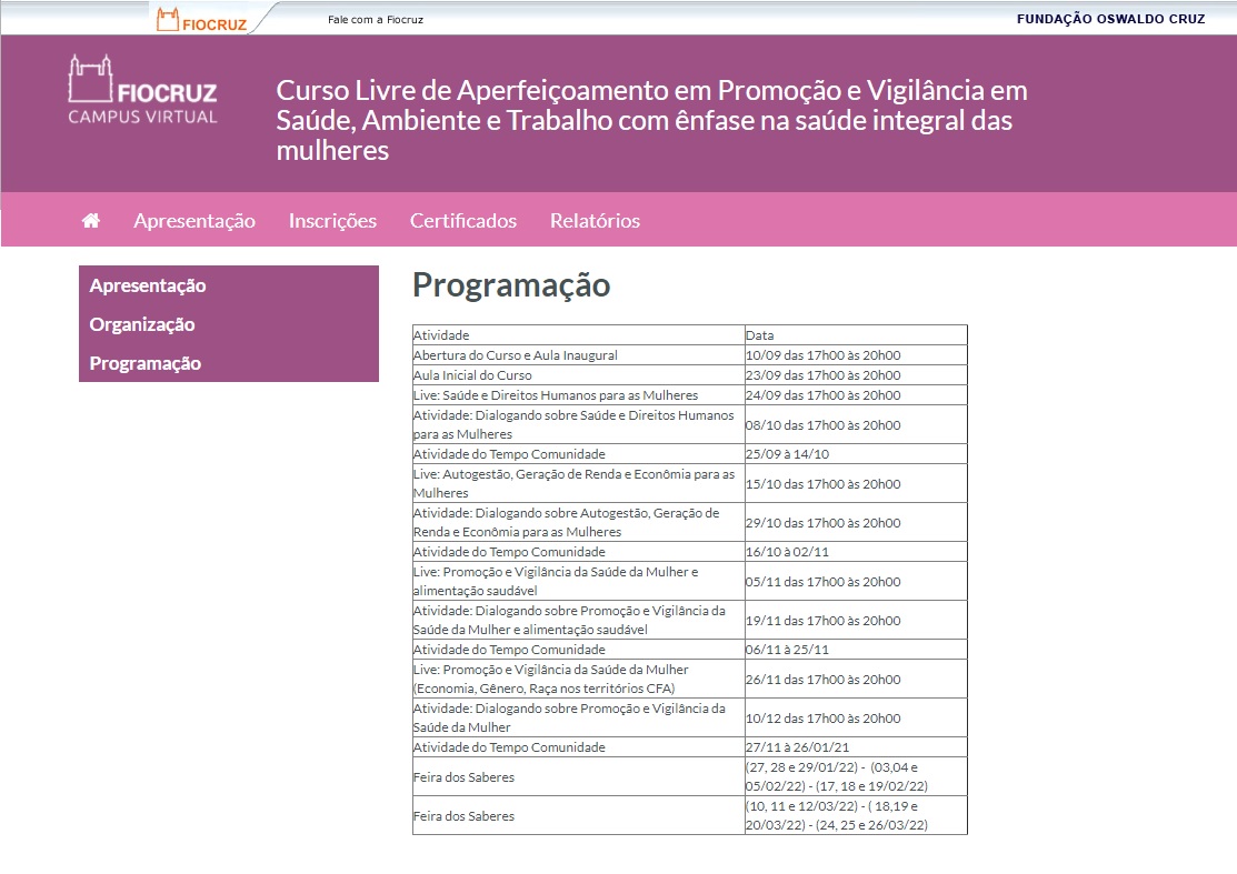 Programação do curso de capacitação de mulheres da Fiocruz