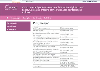 Programação do curso de capacitação de mulheres da Fiocruz