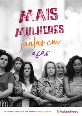 Cartaz por mais mulheres juntas em ação 