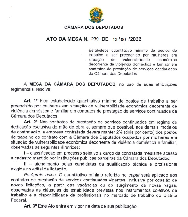 Ato da Mesa estabelece cota de cargos terceirizados na Câmara para mulheres vítimas de violência doméstica 