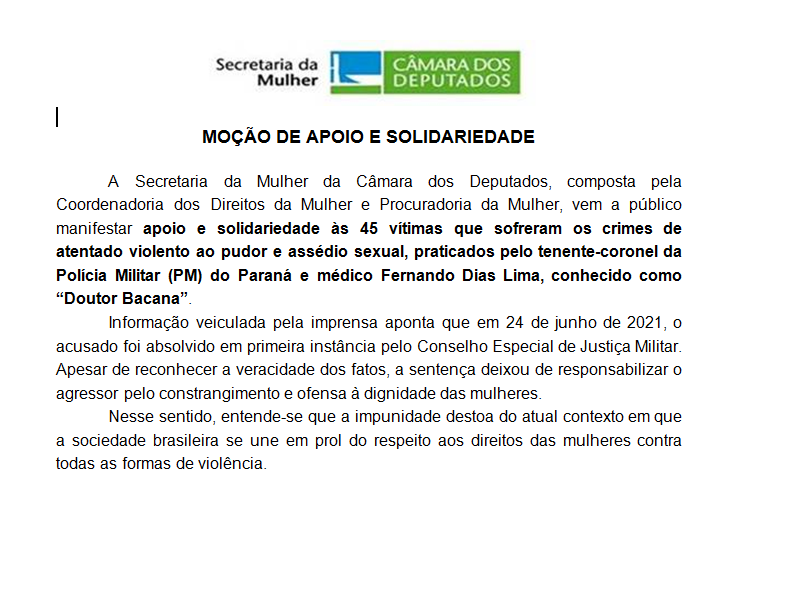 Moção de apoio e solidariedade às 45 mulheres vítimas de atentado violento ao pudor  no Paraná 