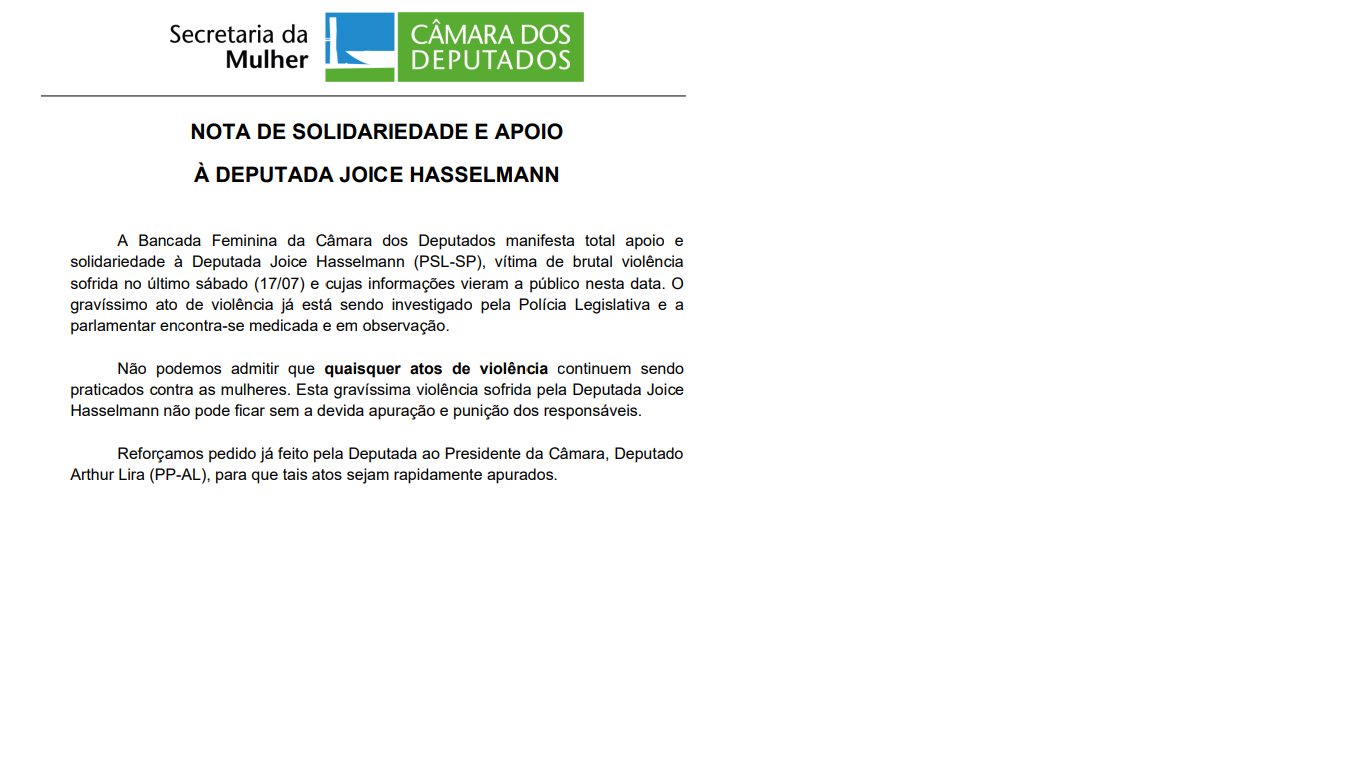 Nota de solidariedade e apoio à Deputada Joice Hasselmann 