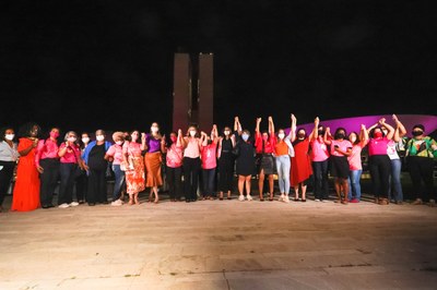 Parlamentares e convidadas assistem ao acendimento da iluminação em homenagem ao Outubro Rosa