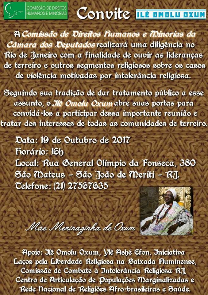 Câmara dos Deputados vai ao Rio de Janeiro apurar denúncias de intolerância religiosa e debater a Súmula 70