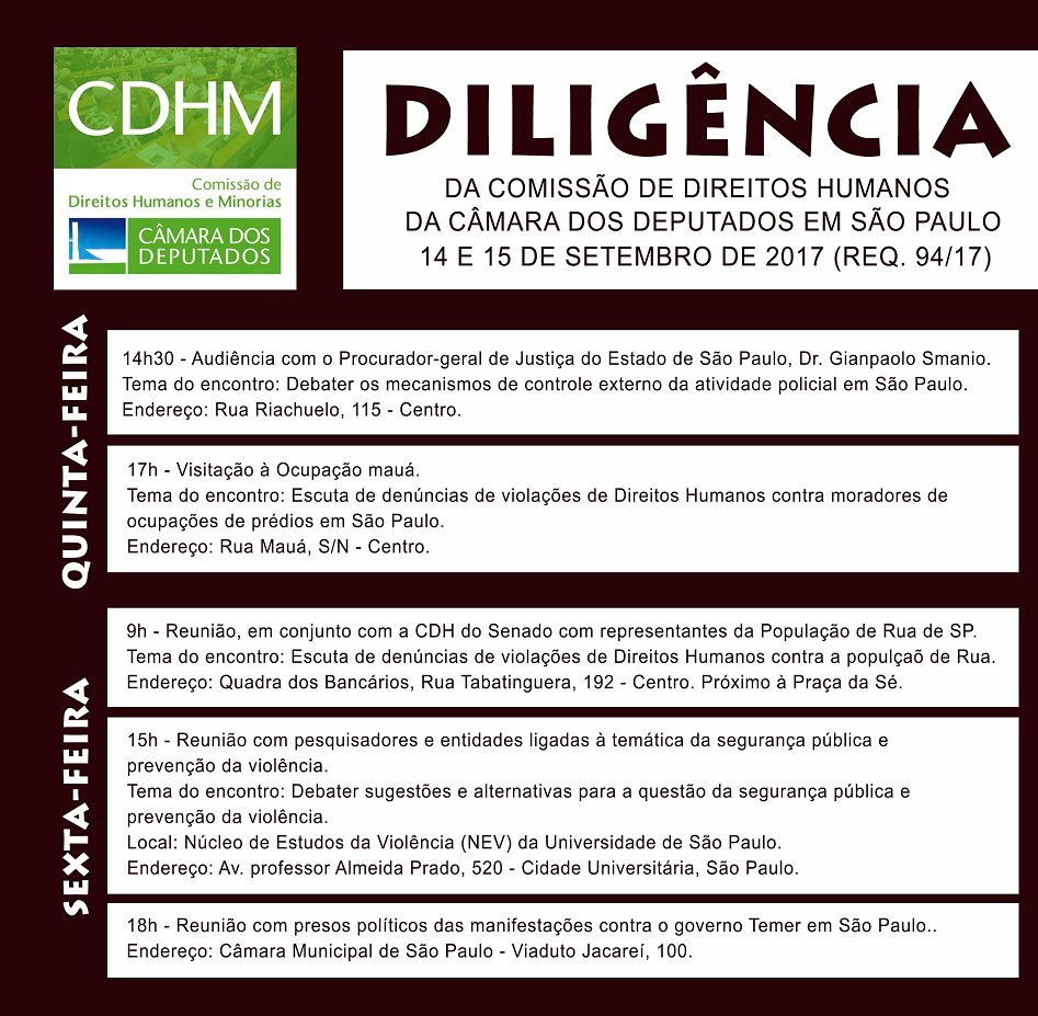 Comissões de Direitos Humanos da Câmara e do Senado vão a São Paulo apurar denúncias de violações de Direitos Humanos
