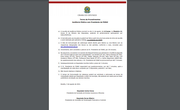 Confira os procedimentos para audiência com o presidente da FUNAI