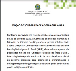 CDHM aprova moção de solidariedade à Sônia Guajajara, Coordenadora Executiva da Articulação da População Indígena do Brasil (APIB)