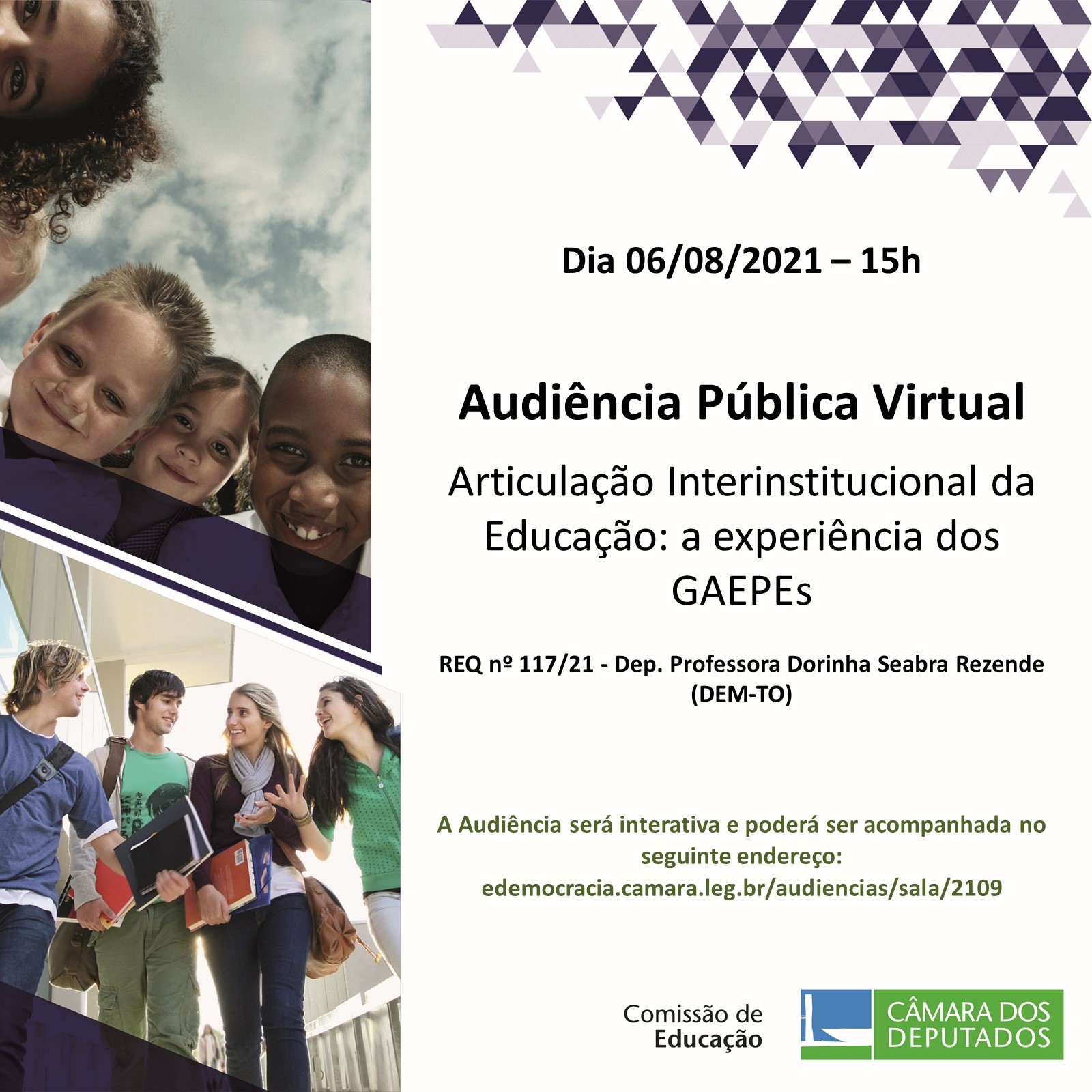 Participe da Audiência Pública, em 06/08/21, para tratar da articulação interinstitucional da Educação: a experiência dos GAEPEs