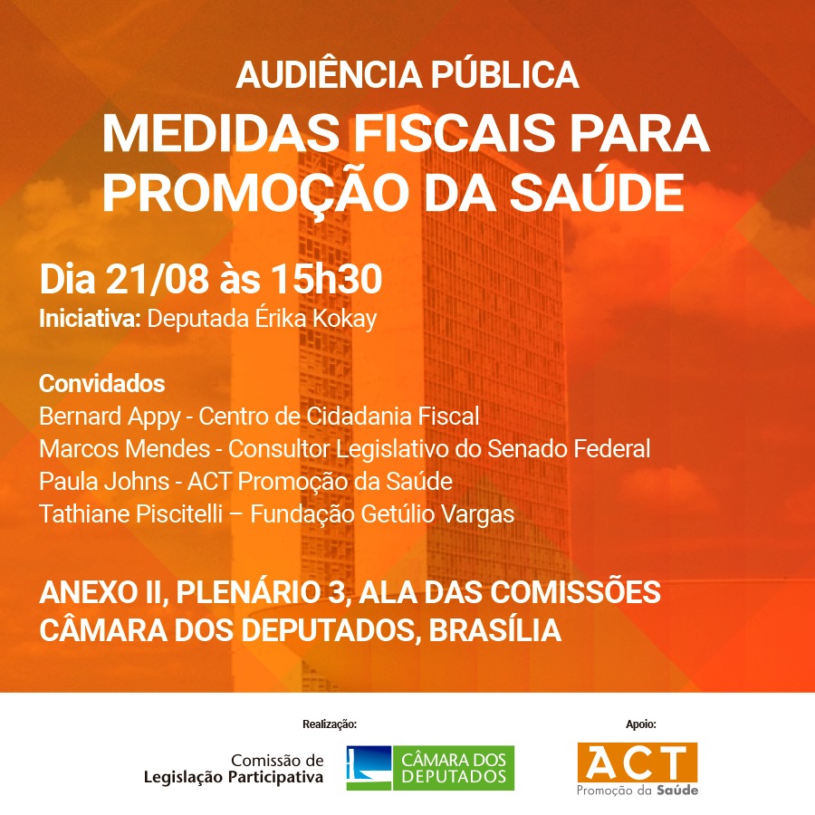 Audiência Pública na próxima quarta-feira (21/08) para discutir “Medidas Fiscais para Promoção da Saúde” 