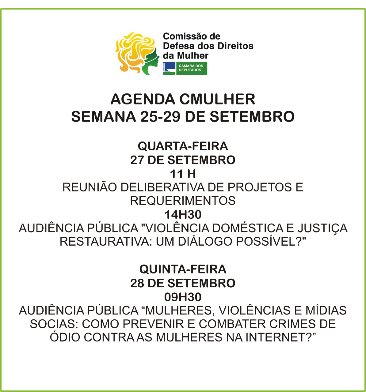 Veja o Calendário de atividades da CMulher para essa semana