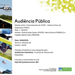 Comissão de Segurança Pública realizará nesta quarta-feira, dia 24/04, Audiência pública para debater o financiamento do SUSP