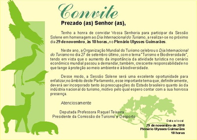 Convite para Sessão Solene em homenagem ao Dia Mundial do Turismo.